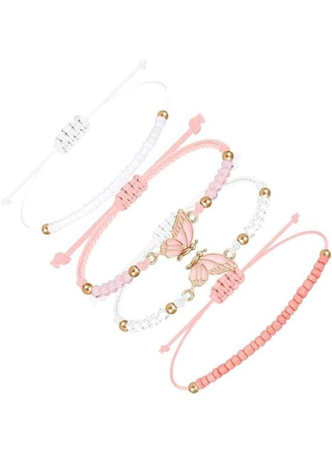 CLENEA BFF Bracelets for 2, Butterfly Matching Bracelets, Set of 4 Adjustable Strand, Best Friends Bracelet, Friendship Bracelets, Braided Rope, Jewelry Gifts, for Teen Girls Women Couples, Pink and White - Image 1